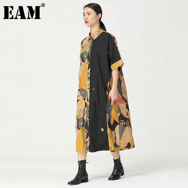

[eam] women big size asymmetrical printed patchwork dress lapel half sleeve loose fashion spring summer 1dd7201 21512, Black;gray