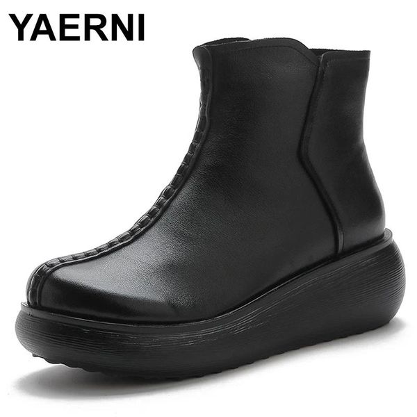 

boots yaerni autumn and winter leather women's short increased thick-soled non-slip cashmere, Black