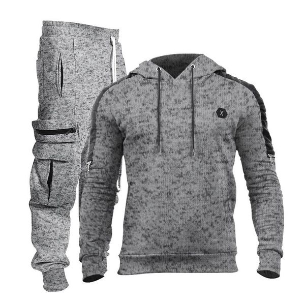 

men's tracksuits autumn winter men sets hooded casual hoodies+sweatpants splicing fleece fashion jogging man sports suit, Gray