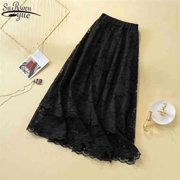 

autumn casual lace black skirt high waist loose s womens floral mid-calf plus size women mujer faldas 9833 210427