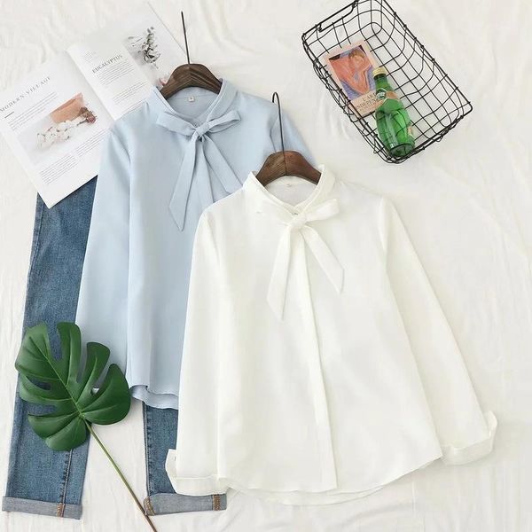 

women's blouses & shirts ropa mujer blue blouse women autumn winter japanese style brief casual bow long sleeve white solid shirt