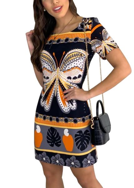 

casual dresses women o-neck print short sleeve above knee bodycon mini tee dress fashion classic office lady streetwear, Black;gray