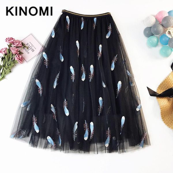 

skirts kinomi 2021 spring feather embroidery mesh a-line long ladies high waist korean style ball gown skirt female, Black
