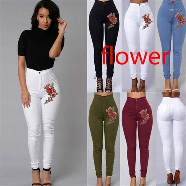 

embroidery flower skinny jeans woman black high waist render vintage long pants femme casual pencil denim women's, Blue