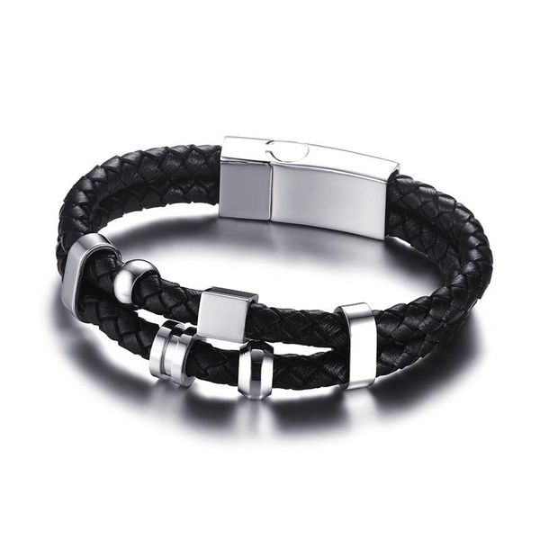 

bangle 2021 simple style stainless steel leather material magnet buckle two loop rope black suitable for men's fashion charm bracelet