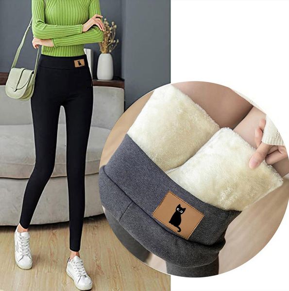 

winter plus size high waist womens leggings thick velvet warm skinny trousers pantalones de mujer, Black