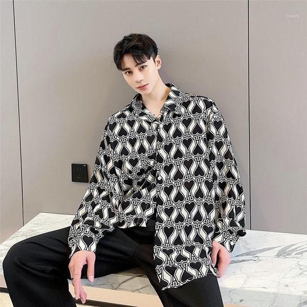 

summer retro print shirt men korean fashion loose business casual harajuku streetwear social long-sleeved men's shirts, White;black