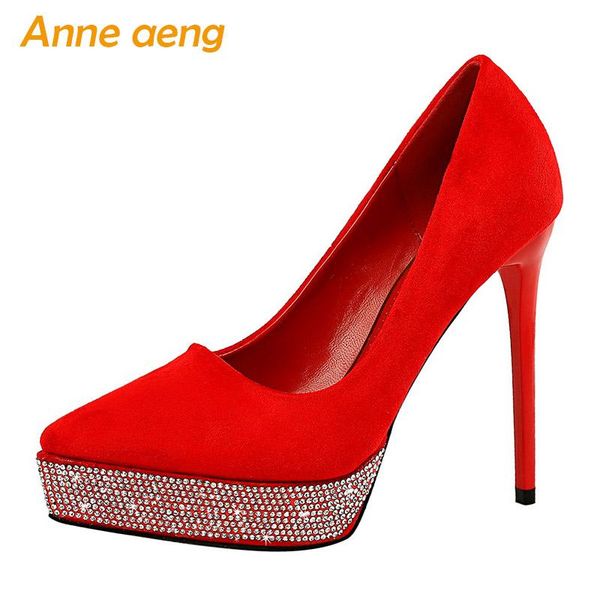 

dress shoes 2021 spring women pumps high thin heel pointed toe crystal wedding bridal platform red ladies heels, Black