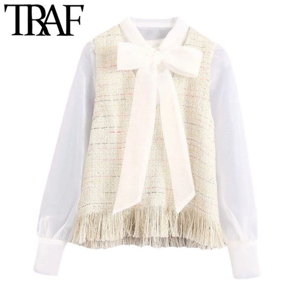 

women fashion with tassel patchwork organza tweed blouses vintage bow tie collar frayed female shirts chic 210507, White