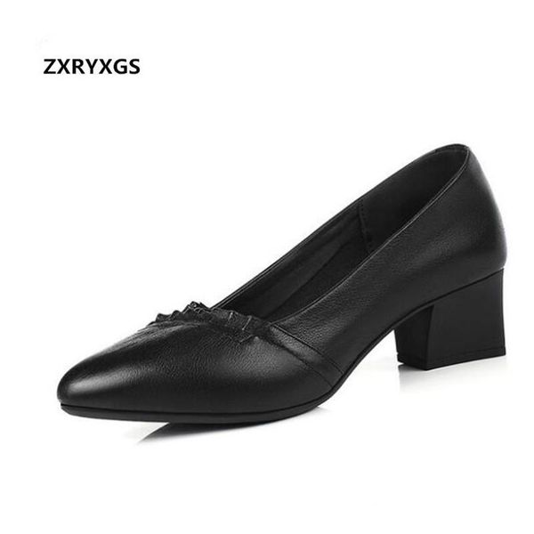 

dress shoes zxryxgs brand woman fashion 2021 est pointed spring genuine leather women elegant high heels 5 cm, Black
