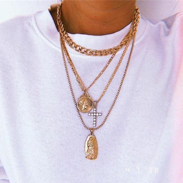 

boho gold color crystal cross portrait pendant necklace for women girl chain round carved virgin mary multilayer necklaces, Silver