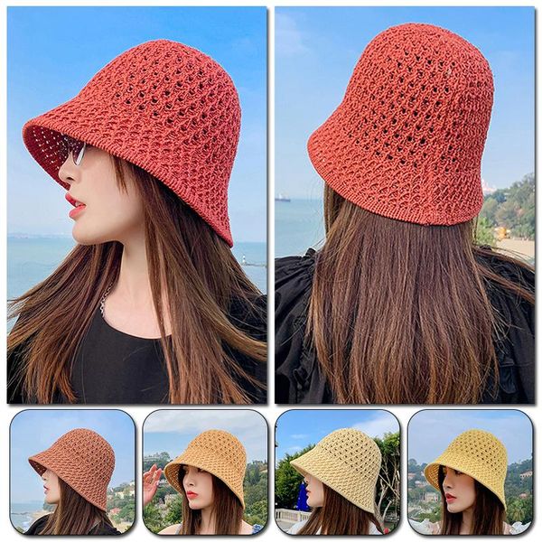 

wide brim hats women knitted hollow straw summer outdoor foldable beach caps panamas uv protection sun hat female bucket cap, Blue;gray