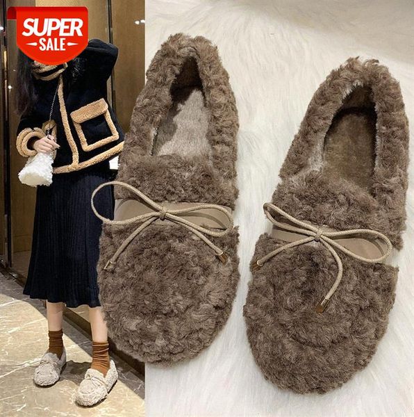 

bowknot plush shoes for women's outer wear, flat-bottomed lamb hair plus fluffy beanie #yp9w
