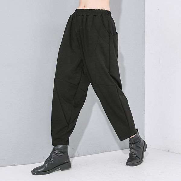 

pants trousers dark black early spring 2021 elastic waist personalized harem fashion brand large capris 19-6643, Black;white