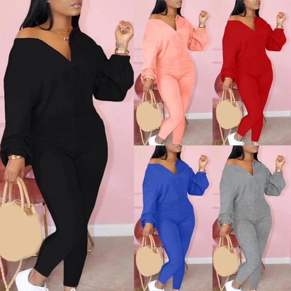 

women's jumpsuits & rompers solid zip up round neck long sleeve jumpsuit for women oblique collar casual fashion body suit fea889, Black;white