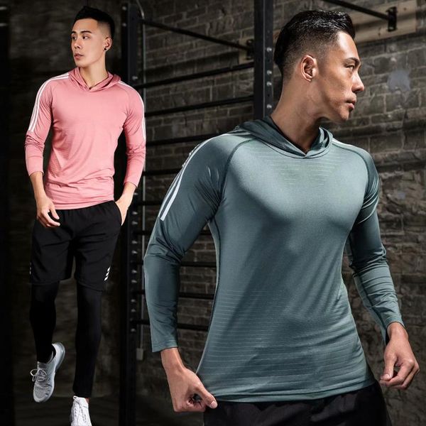 

man's t-shirt breathable running t shirt gym long sleeve sports football shirts jogging compression hooded jerseys, Black;blue