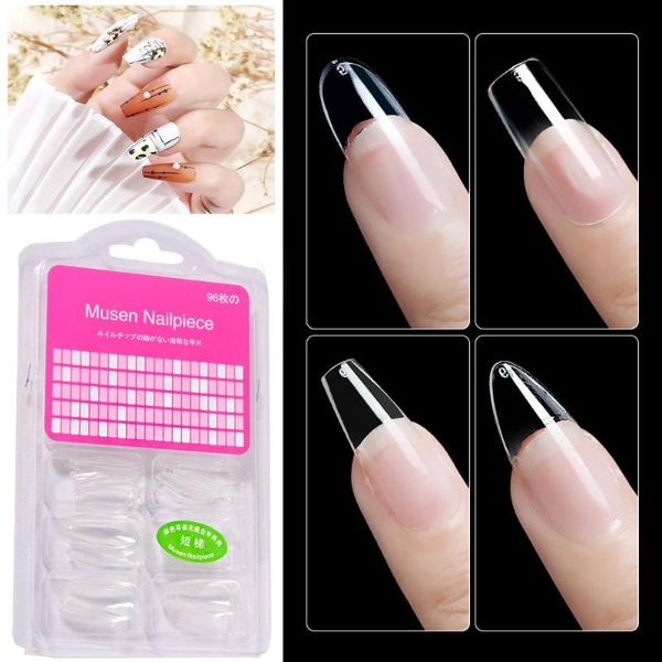 

false nails lekgavd 96pcs/box transparent seamless fake full coverage short t-shaped water drop sticker, Red;gold