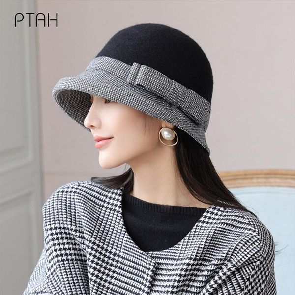 

stingy brim hats [ptah] woolen women soft tweed british style vintage caps temperament gentleman elegant winter warmer fedora beanies, Blue;gray