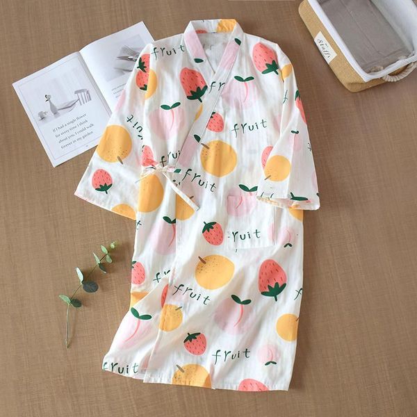 

women's sleepwear spring and summer cotton japanese kimono ladies bathrobe nightdress three-quarter sleeve robe gauze cute sweat 8, Black;red