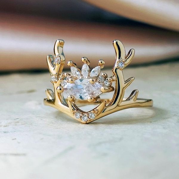 

wedding rings cute female crystal elk thin ring classic gold color engagement charm white zirconia for women christmas gift, Slivery;golden
