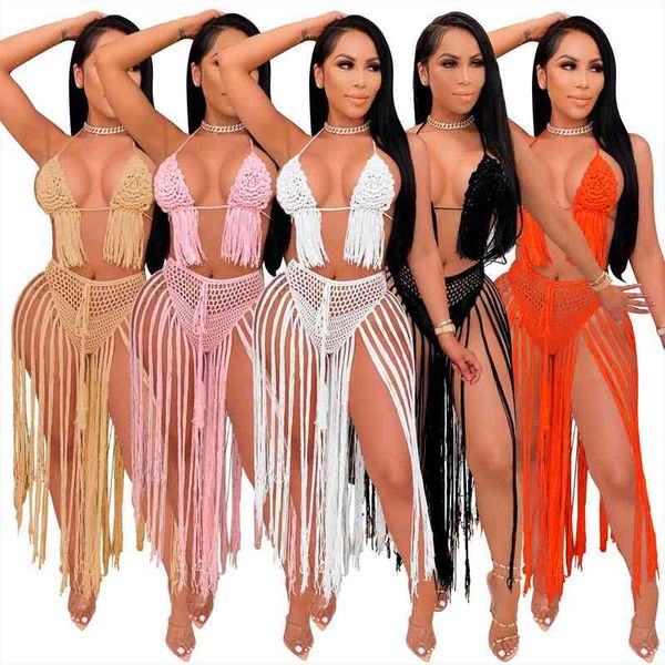

crochet hand knitted two womens tracksuits piece bikini sets summer swimsuit neck bra tassel maxi skirt holiday beach outfit, Gray