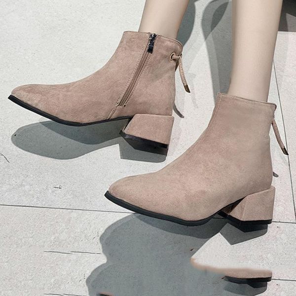 

boots zipper ankle for women ladies round toe square root heels short solid color flock socks casual outdoor shoes, Black
