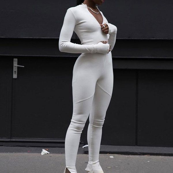 

women's jumpsuits & rompers black/white bodycon tracksuit jumpsuit women 2021 fitness romper long sleeve zipper elastic bodysuit body