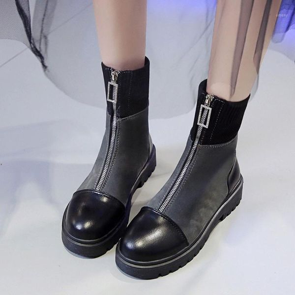 

boots elastic band fashion women casual patchwwork zipper round toe ankle square heels tube booties botas feminina1, Black