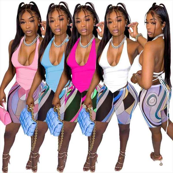 

Sexy Print Two Piece Set Tracksuit Women Halter Backless Shirt Pants Suit Streetwear Summer Clothes For Women, Gray