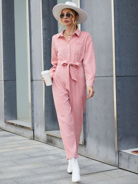 

x belinda drop shoulder patched pocket belted corduroy shirt jumpsuit k2to#, White