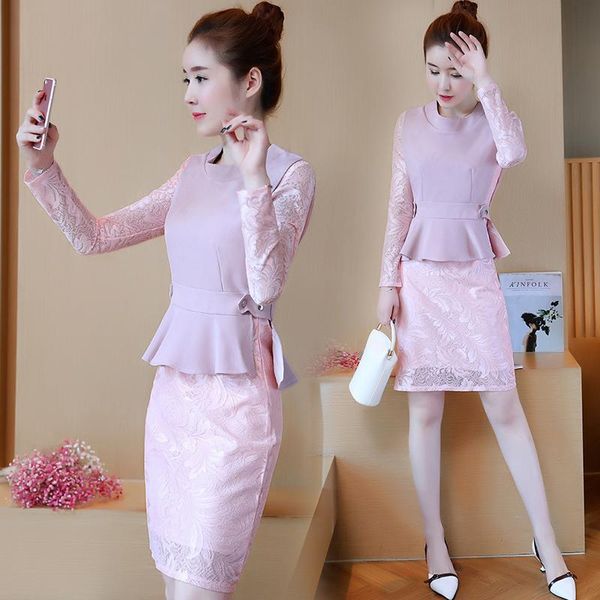 

casual dresses autumn outfit korean fashion long sleeve lace dress with vest two-piece clothing set suit pink office lady s-xl, Black;gray