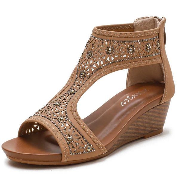 

sandals bohemian women's summer slope heel middle mother's shoes comfortable, Black