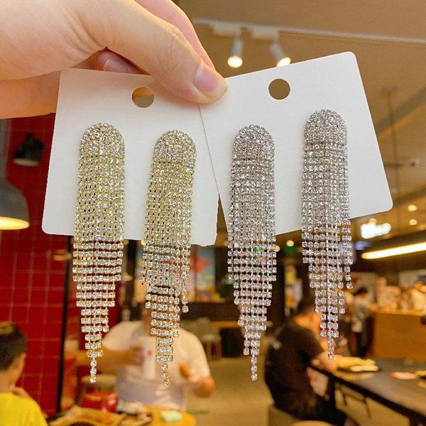 

stud fashion long tassel earrings korean net red exaggerated rhinestone women's pair, Golden;silver