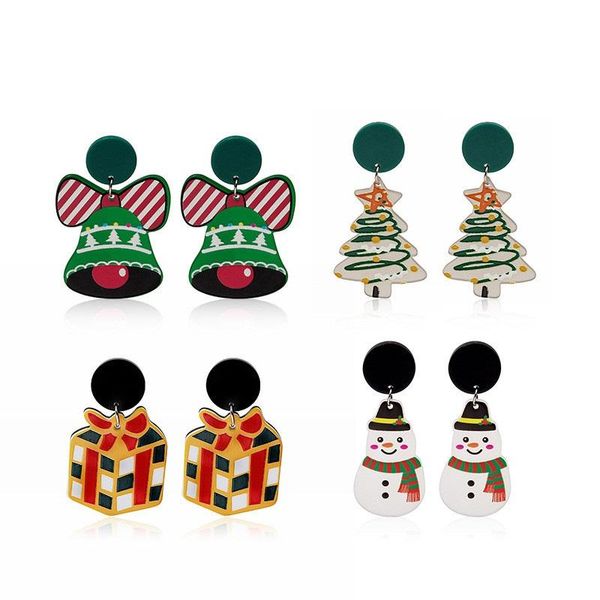 

stud cartoon acrylic pine snowman pendant earrings cute christmas bell charms ear jewelry party gifts for women girls, Golden;silver