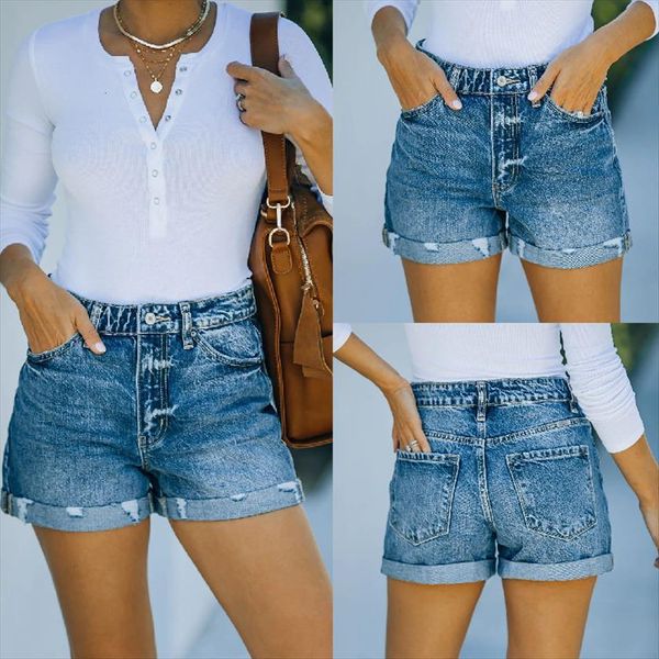 

summer urban casual washed women jeans denim straight leg pants shorts, Blue