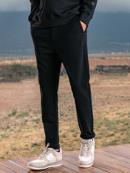 

men slant pockets solid pants l4a0#, Black