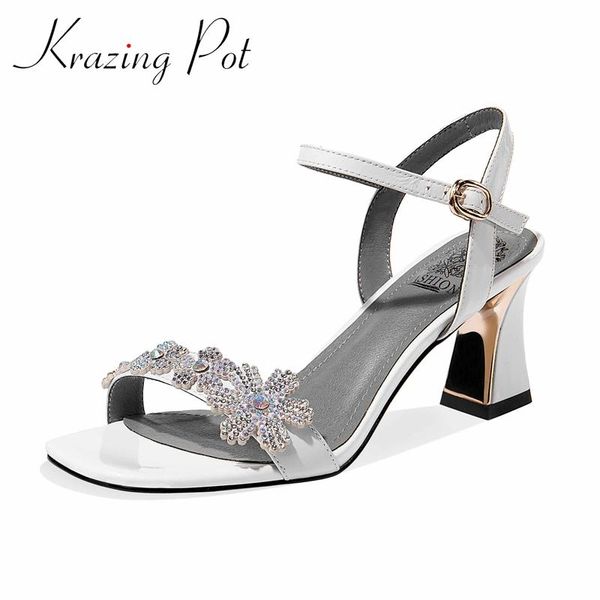 

sandals krazing pot large size square toe high heels flowers rhinestone shiny princess style korean girl buckle straps women l56, Black