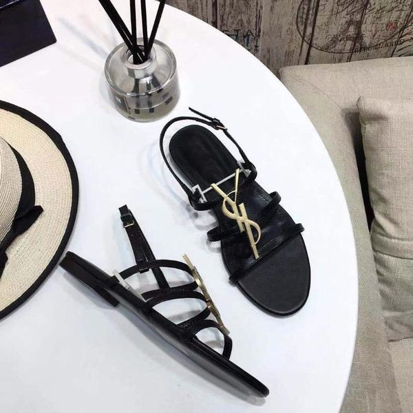 

sandals 2021 women genuine leather sandal classics brand metal yl flat open toe round head size 34-43, Black