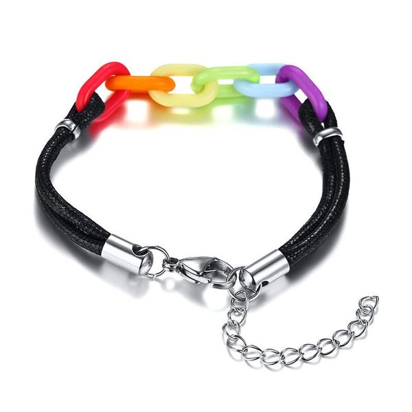

link, chain 2021 rainbow leather rope bracelet acrylic lover couple women men jewelry fashion, Black
