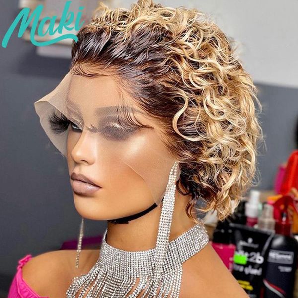 

lace wigs maki hair bouncy wig fashion pixie cut preplucked bob t front summer short curly 13x4x1 human, Black;brown
