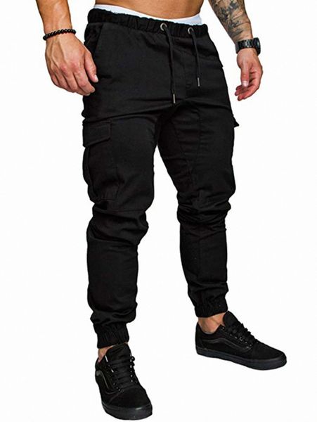 

men flap pocket side drawstring waist pants f2ur#, Black