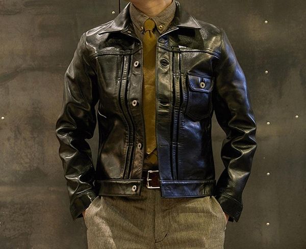 

men's leather & faux yr.japan tanning horsehide 506.classic casual style jacket,mens vintage genuine coat,, Black