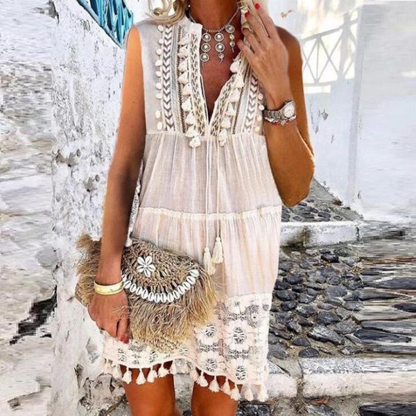 

casual dresses hollow out summer women party bohemian sweet v-neck solid lace tassel mini wholesale o3w2, Black;gray