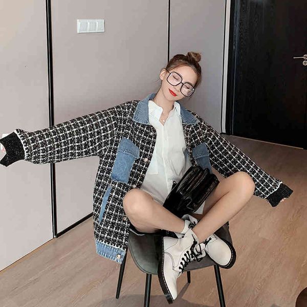 

women's jackets superaen plaid patchwork casual jeans coat korean-style loose spring and autumn 2022 jacket 07m0, Black;brown