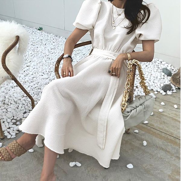 

casual dresses bornladies 2021 summer korean bow bandage slim waist elegant puff sleeve o-neck women dress vestidos de mujer femme, Black;gray