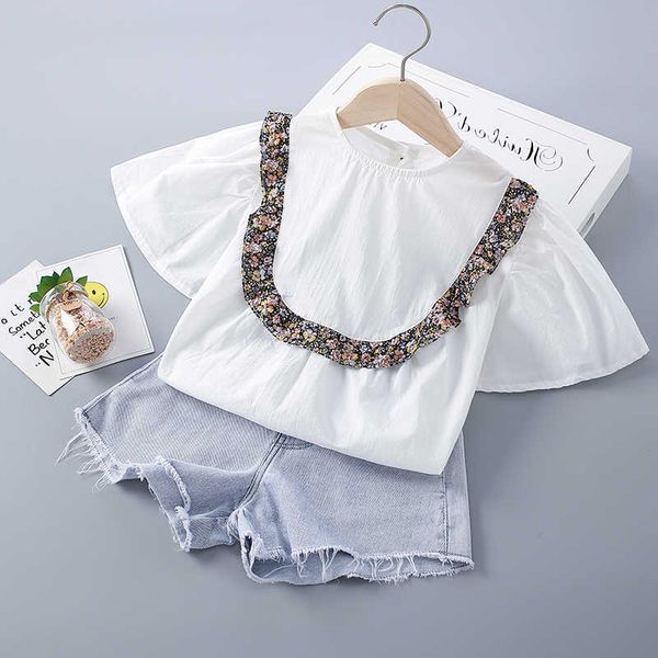 

2-7 years summer girl clothing set fashion casual floral shirt + denim pants kid children girls 210615, White