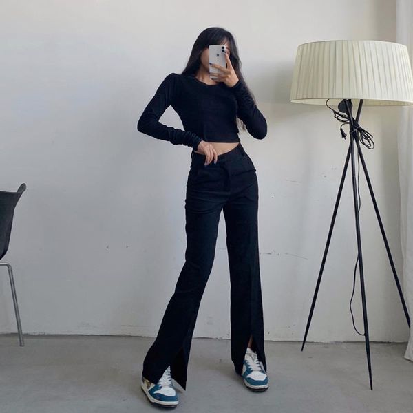 

women's pants & capris streetwear black flared pants 2021 ladies trousers front slit straight leg casual stacked cargo women lkt6, Black;white