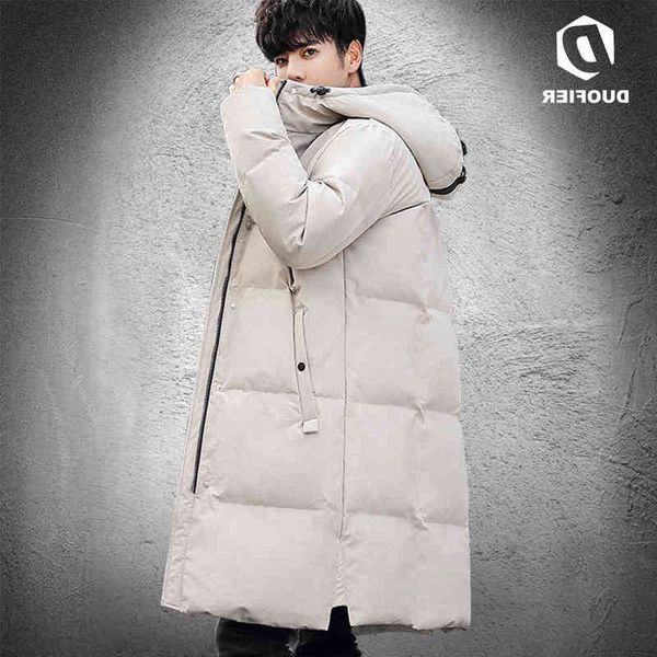 

jacket 2021 down winter men thick warm hooded white duck anorak solid parka long overoat male outdoor windproof jackets, Black
