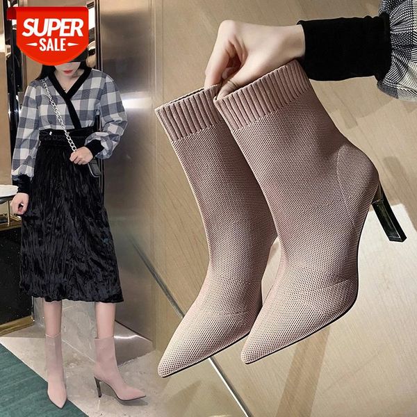 

metal blade heels socks boots women stretch fabric elastic stilettos heel pointed toe ankle boots shoes woman boats #xv67