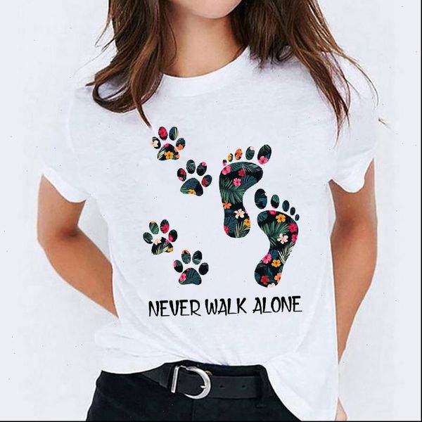 

cute dog paw graphic flower womens floral cartoon camisas summer harajuku, White